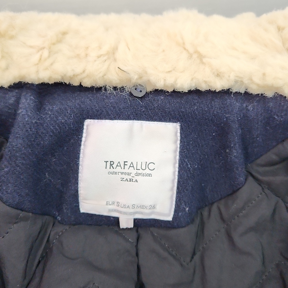 ZARA Trafaluc Outerwear Navy Wool Double-breasted Coat Faux Fur Collar (S) - Picture 11 of 16